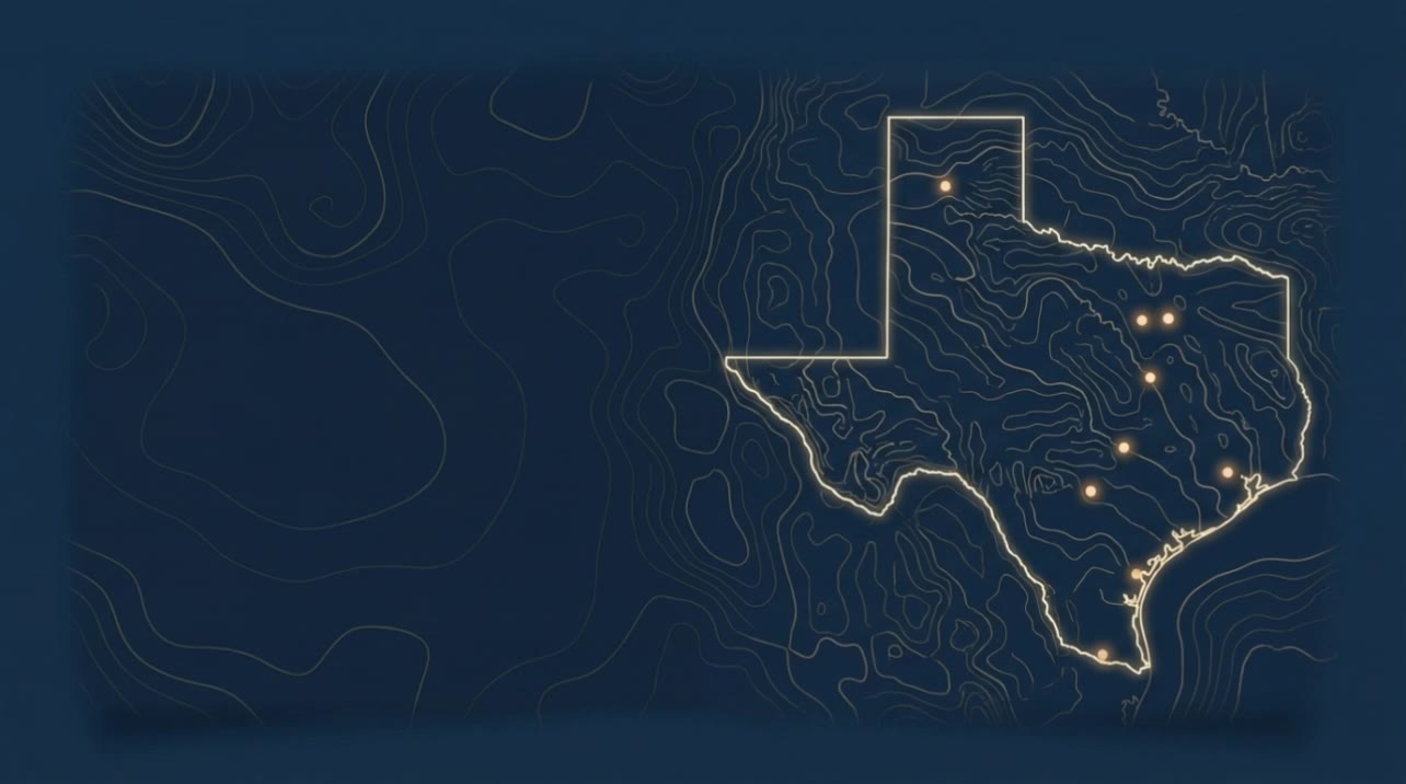 Topographic map artwork of Texas with glowing markers on Medigy's service cities