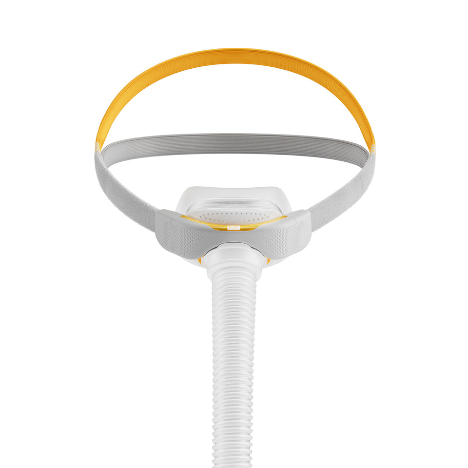 Fisher & Paykel Healthcare F&P Solo Pillows, showing the cushion, headgear, and hose connection