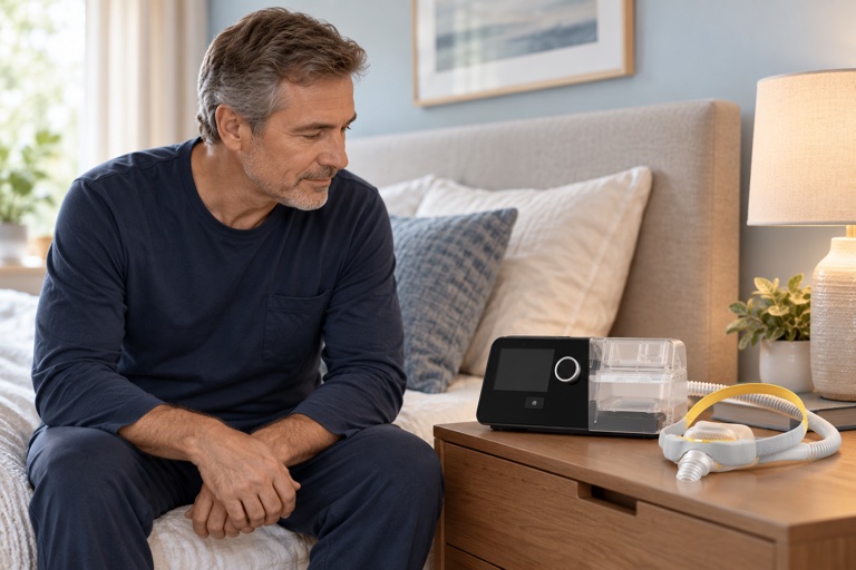 A man sitting bedside, thoughtfully looking at a React G3 X CPAP and Fisher & Paykel Solo mask.