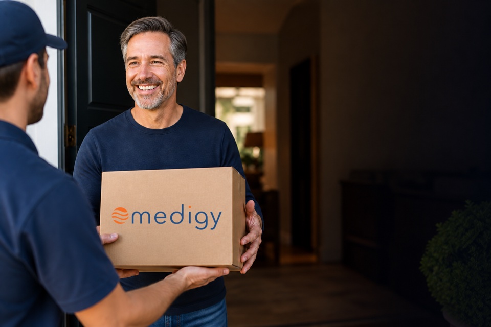 Illustrative scene of a man receiving a package with the Medigy logo at home.