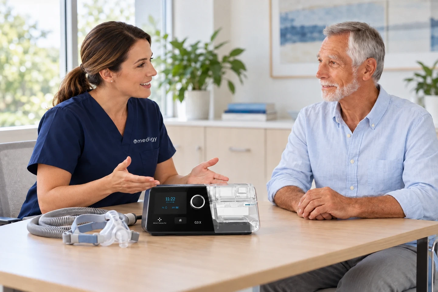 A sleep therapy technician speaking with an older patient across a table with a React G3 X CPAP machine